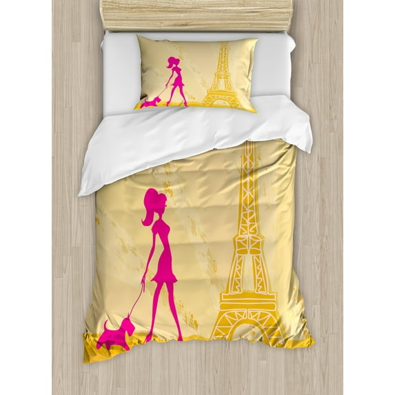 Teen Room Duvet Cover Set, Pink Silhouette of a Girl with the Dog Eiffel Tower in Paris Design, Decorative 2 Piece Bedding Set with 1 Pillow Shams, Twin Size, Apricot and Hot Pink, by Ambesonne