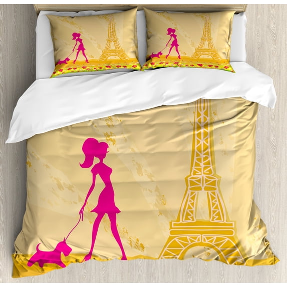 Teen Room Duvet Cover Set, Pink Silhouette of a Girl with the Dog Eiffel Tower in Paris Design, Decorative 3 Piece Bedding Set with 2 Pillow Shams, King Size, Apricot and Hot Pink, by Ambesonne