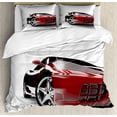 thumbnail image 1 of Teen Room Duvet Cover Set Queen Size, Modern Automotive Vivid Toned Car Back View Prestige Passion Artistic Image, Decorative 3 Piece Bedding Set with 2 Pillow Shams, Black and Ruby, by Ambesonne, 1 of 3