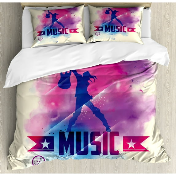 Teen Room Duvet Cover Set, Rock Star with Guitar Inside Watercolor Cloud with Musical Words Print, Decorative 3 Piece Bedding Set with 2 Pillow Shams, King Size, Cream Pink Purple, by Ambesonne