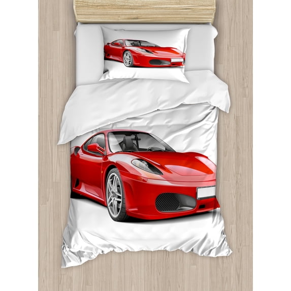 Teen Room Duvet Cover Set Twin Size, Fancy Italian Super Car Modern Style New Automobile European Design, Decorative 2 Piece Bedding Set with 1 Pillow Sham, Red and Charcoal Grey, by Ambesonne