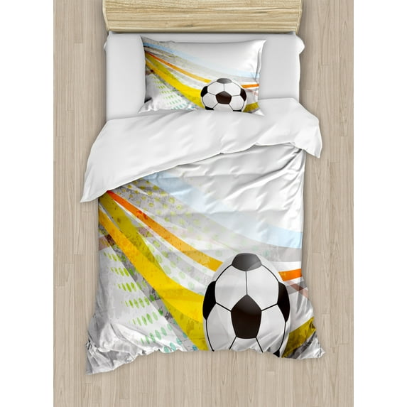 Teen Room Duvet Cover Set Twin Size, Soccer Background with Football Colorful Lines Sports Game with Digital Display, Decorative 2 Piece Bedding Set with 1 Pillow Sham, Multicolor, by Ambesonne
