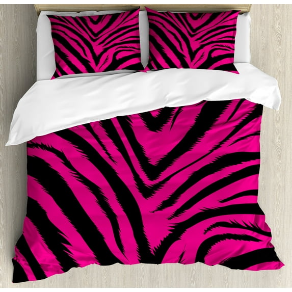 Teen Room Duvet Cover Set, Vibrant Zebra Skin Motif in Hot Tone Africa Animal Savannah Fashion Image, Decorative 3 Piece Bedding Set with 2 Pillow Shams, Queen Size, Magenta and Black, by Ambesonne