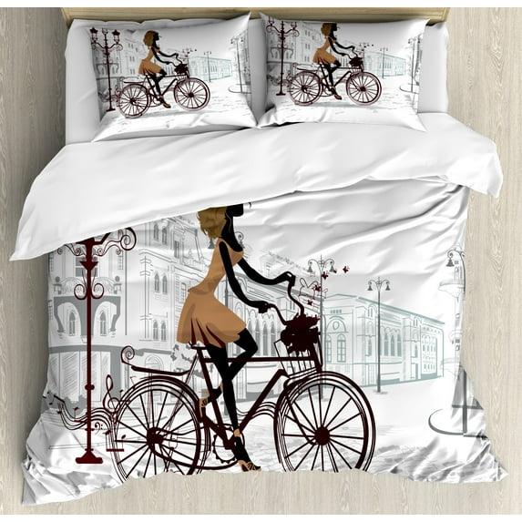 Teen Room Duvet Cover Set, Young Girl in Paris Streets Bicycle French Style Display, Decorative 3 Piece Bedding Set with 2 Pillow Shams, King Size, Brown Chestnut Brown, by Ambesonne