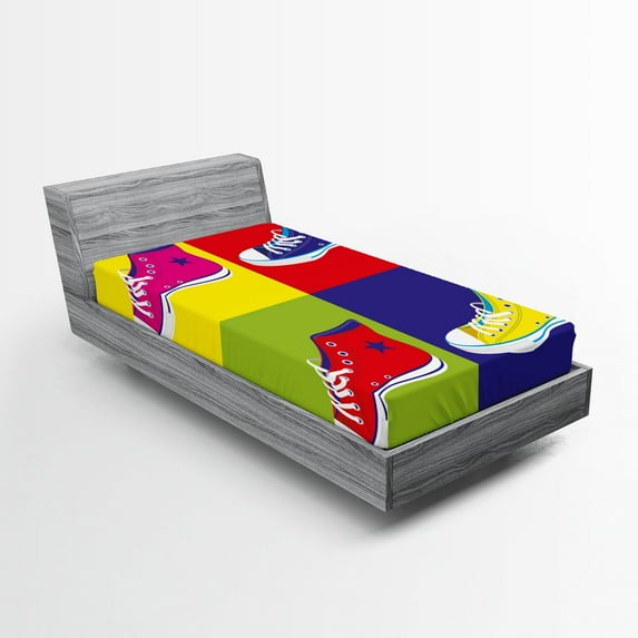 Teen Room Fitted Sheet, Retro Style Sport Shoes in Colorful Design Background Culture Graphic Print, Decorative Soft Bedding All-round Elastic Pocket, Twin Size, Multicolor, by Ambesonne