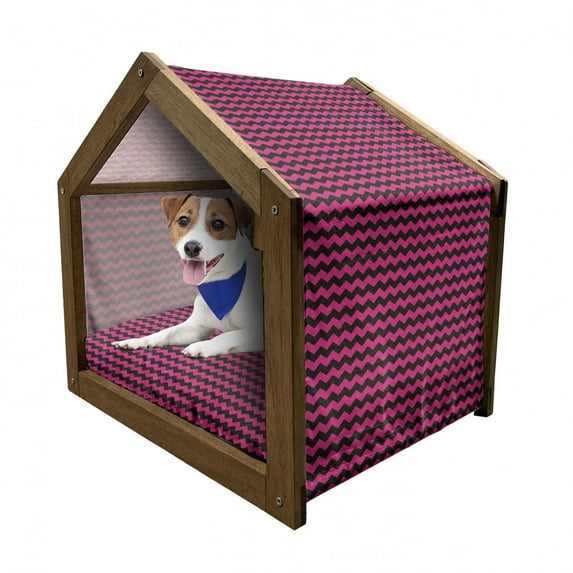 Teen Room Pet House, Zigzag Chevron Pattern with Curved Stripes Minimalist Abstract Design, Outdoor & Indoor Portable Dog Kennel with Pillow and Cover, 5 Sizes, Magenta and Black, by Ambesonne