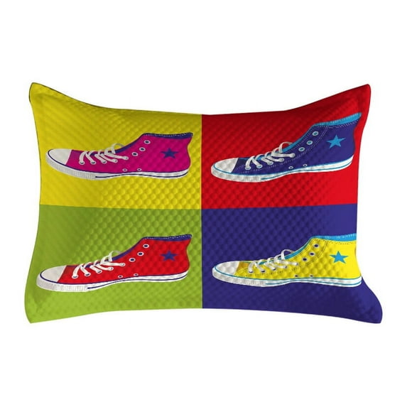 Teen Room Quilted Pillowcover, Retro Style Sport Shoes in Colorful Design Background Culture Graphic Print, Standard King Size Accent Pillow Cover for Bedroom, 36" x 20", Multicolor, by Ambesonne