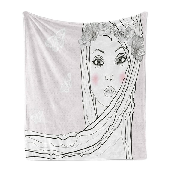 Teen Room Soft Flannel Fleece Blanket, Baby Face Young Girl with Floral Wreath on Hair and Butterfly Design, Cozy Plush for Indoor and Outdoor Use, 70" x 90", Pearl Black and White, by Ambesonne