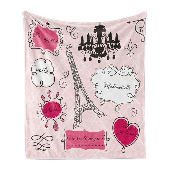 Teen Room Soft Flannel Fleece Blanket, Doodle Frames in French Style Rococo Baroque Lantern Mademoiselle Print, Cozy Plush for Indoor and Outdoor Use, 50" x 70", Hot Pink and Black, by Ambesonne