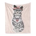 thumbnail image 1 of Teen Room Soft Flannel Fleece Throw Blanket, Kitty Cat with Glasses Tribal Necklace Clasp Fashion Design Print, Cozy Plush for Indoor and Outdoor Use, 50" x 70", Pale Pink Grey, by Ambesonne, 1 of 6