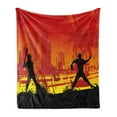 thumbnail image 1 of Teen Room Soft Flannel Fleece Throw Blanket, Men Playing Baseball in the Town City Park Tall Buildings Urban Scenery, Cozy Plush for Indoor and Outdoor Use, 50" x 60", Red Yellow Black, by Ambesonne, 1 of 6