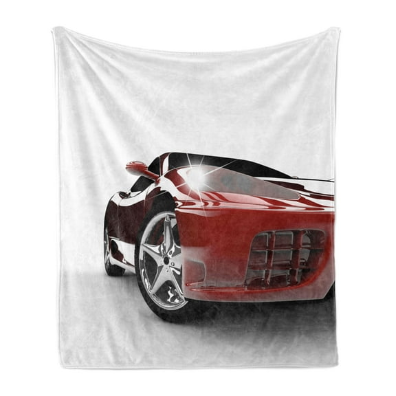 Teen Room Soft Flannel Fleece Throw Blanket, Modern Automotive Vivid Toned Car Back View Prestige Passion Image, Cozy Plush for Indoor and Outdoor Use, 50" x 60", Black and Ruby, by Ambesonne