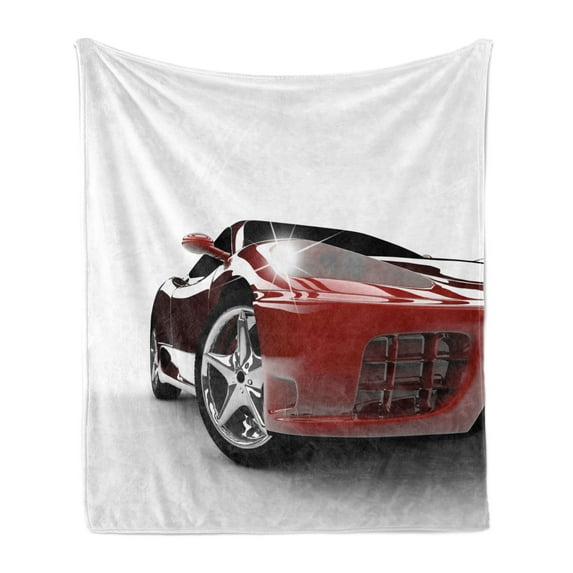 Teen Room Soft Flannel Fleece Throw Blanket, Modern Automotive Vivid Toned Car Back View Prestige Passion Image, Cozy Plush for Indoor and Outdoor Use, 70" x 90", Black and Ruby, by Ambesonne