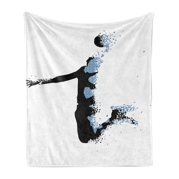 Teen Room Soft Flannel Fleece Throw Blanket, Modern and Basketball Player in Fractal Pattern Design, Cozy Plush for Indoor and Outdoor Use, 70" x 90", Black Pale Blue, by Ambesonne