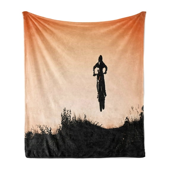 Teen Room Soft Flannel Fleece Throw Blanket, Motorcycle Jumping over the Hills Horizon Sports Hobby Scenery, Cozy Plush for Indoor and Outdoor Use, 50" x 60", Seal Brown Vermilion, by Ambesonne