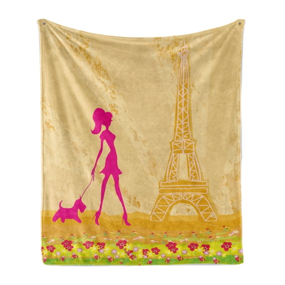 Teen Room Soft Flannel Fleece Throw Blanket, Pink Silhouette of a Girl with the Dog Eiffel Tower in Paris Design, Cozy Plush for Indoor and Outdoor Use, 50" x 70", Apricot and Hot Pink, by Ambesonne