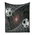 thumbnail image 1 of Teen Room Soft Flannel Fleece Throw Blanket, Soccer Balls Goal Match Success Concept in the Outer Space Winner Glory Theme, Cozy Plush for Indoor and Outdoor Use, 70" x 90", Multicolor, by Ambesonne, 1 of 5