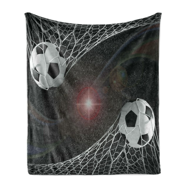 Teen Room Soft Flannel Fleece Throw Blanket, Soccer Balls Goal Match Success Concept in the Outer Space Winner Glory Theme, Cozy Plush for Indoor and Outdoor Use, 70" x 90", Multicolor, by Ambesonne