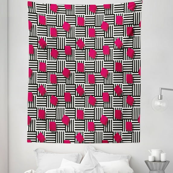 Teen Room Tapestry, Abstract Geometric Minimalist Lines and Square Cubes Print, Fabric Wall Hanging Decor for Bedroom Living Room Dorm, 5 Sizes, Magenta Black and White, by Ambesonne