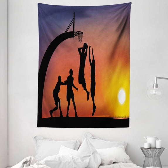 Teen Room Tapestry, Boys Playing Basketball at Sunset Horizon Sky with Dramatic Scenery, Wall Hanging for Bedroom Living Room Dorm Decor, 60W X 80L Inches, Dark Coral Black Yellow, by Ambesonne
