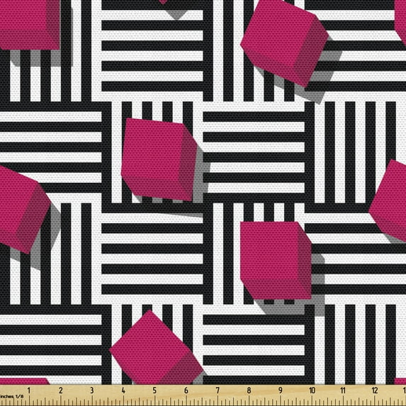 Ambesonne Teen Room Fabric by the Yard Upholstery, Geometric, 2 Yards, Magenta Black and White