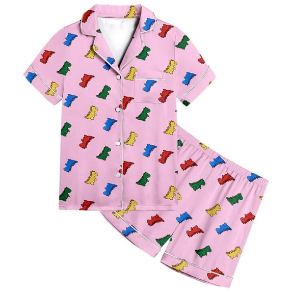 Teen Satin Pajamas For Girls Dinosaur Printed Button Down Solid Tops T Shirt Shorts 2PCS Summer Classic Pajamas Set Girls Silky Pajamas Size 10-12