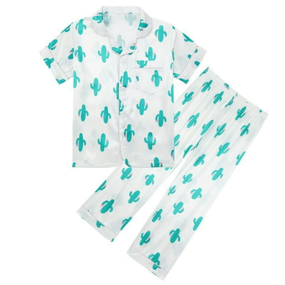 Teen Satin Pajamas Kids Cartoon Printed Button Down Solid Tops T Shirt Pants 2PCS Summer Toddler Nightgown Pj For Girls 13-14