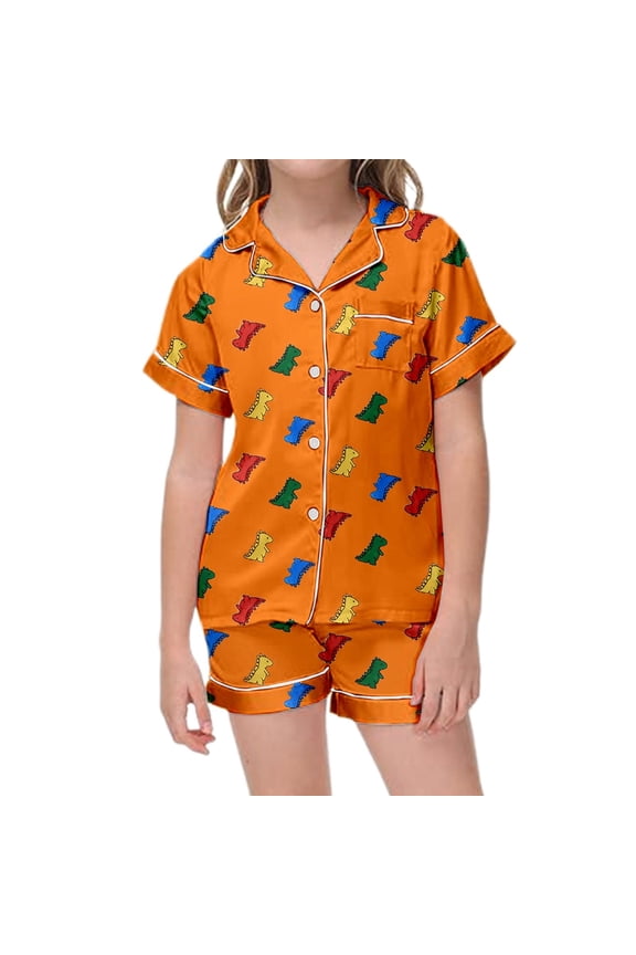 Teen Satin Pajamas Kids Dinosaur Printed Button Down Solid Tops T Shirt Shorts 2PCS Summer Sleepwear Loungewear Set Pjs For Girls Size 12-13