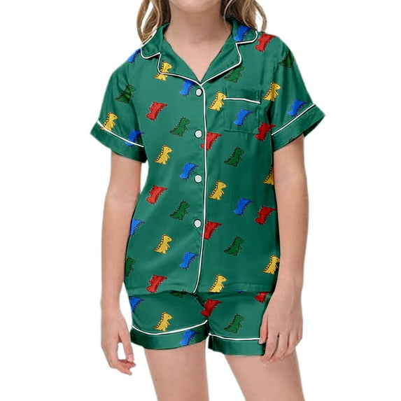 Teen Satin Pajamas Kids Dinosaur Printed Button Down Tops With Shorts 2PCS Summer Classic Loungewear Girls Pjs Size 12-13