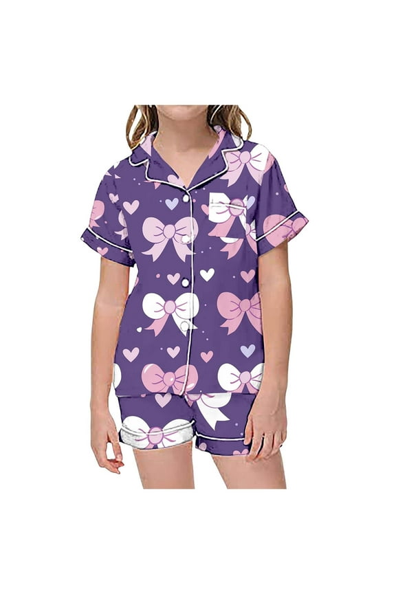 Teen Satin Pajamas Kids Girls Boys Bow Print Short Sleeve Button-Down Shirts Shorts Girls Summer Clothes Boys Pajamas Size 12-13 Years