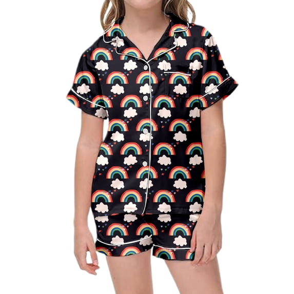 Teen Satin Pajamas Kids Rainbow Printed Button Down Solid Tops T Shirt Shorts 2PCS Summer Pjs Sleepwear Outfits Girls Pajama Sets Size 10-12