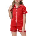 thumbnail image 1 of Teen Satin Pajamas Kids Solid Printed Button Down Tops With Shorts 2PCS Summer Pjs Sleepwear Outfits Pjs For Girls Size 10-12, 1 of 7