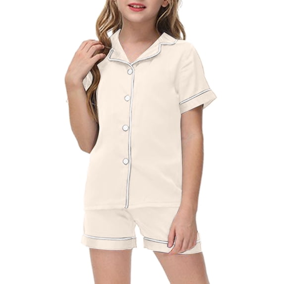 Satin Pajamas Kids Solid Printed Button Down Solid Tops T Shirt Shorts 2PCS Summer Girls Outfits Set Preppy Pajamas For Girls 10-12
