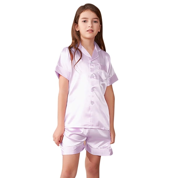 Satin Pajamas Kids Solid Printed Button Down Solid Tops T Shirt Shorts 2PCS Summer Pjs Sleepwear Outfits Girls Pajamas Size 10-12
