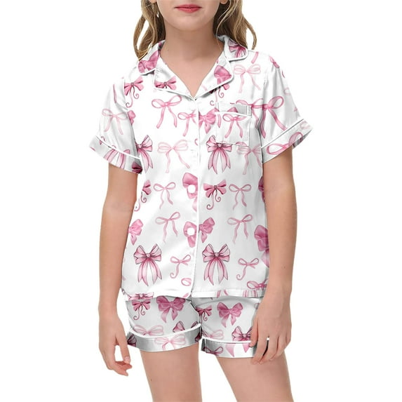 Satin Pajamas for Girls Valentine Pjs Short Sleeve Bow Print Button Down Sleepwear Girl Pajamas Size 12-13 Years