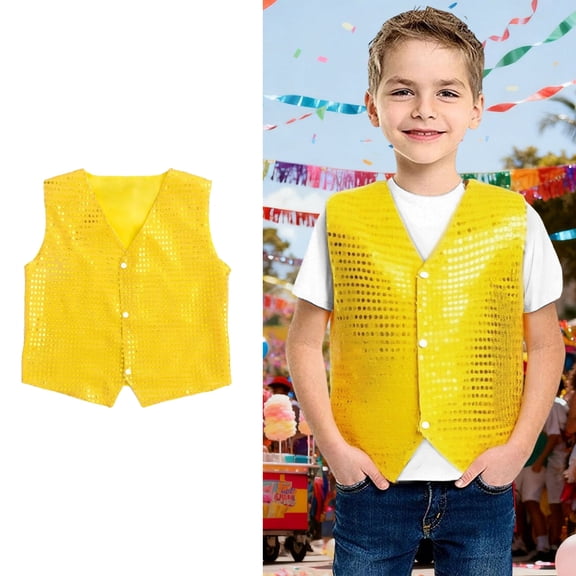 Teen Sequin Vest Sparkle Sequins Sleeveless Button Vest Yellow Sequin Top Girls Party Carnival Gown Outfit Size 17-18 Years