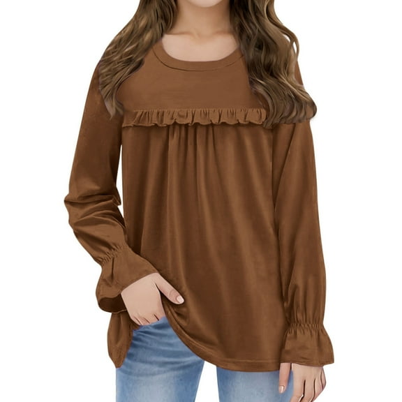 Teen Shirts For Girls Solid color Long Sleeve Tees For Basic Crewneck Cottom Boy Shirt Girl Tops Brown 12-13 Years Cute Boy Girl Clothing