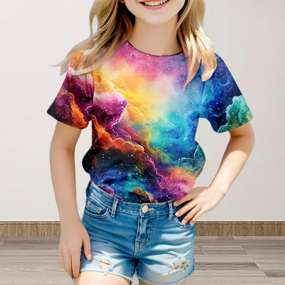 Teen Shirts for Girls Purple Printed Toddler Girl Short Sleeve Shirt Summer Outfits for Girls Casual Kids Clothes Girls 12-13 Years