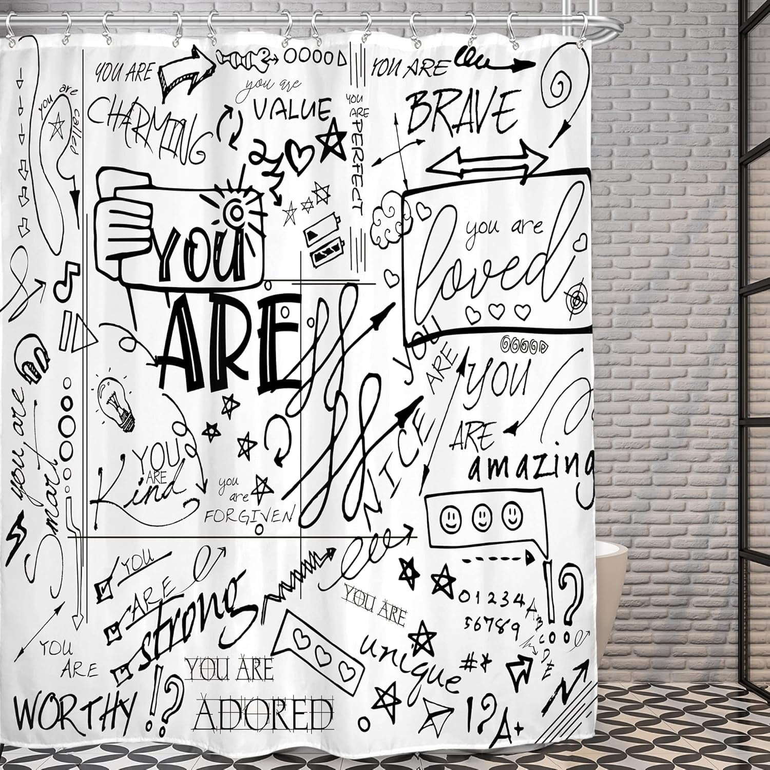 Teen Shower Curtain 72Wx84L Inch for Kids Funny Quotes Black White Inspirational You are Motivational Abstract Artwork Cloth Fabric Waterproof Polyester Bathroom Decor Set with 12 Pack Hooks