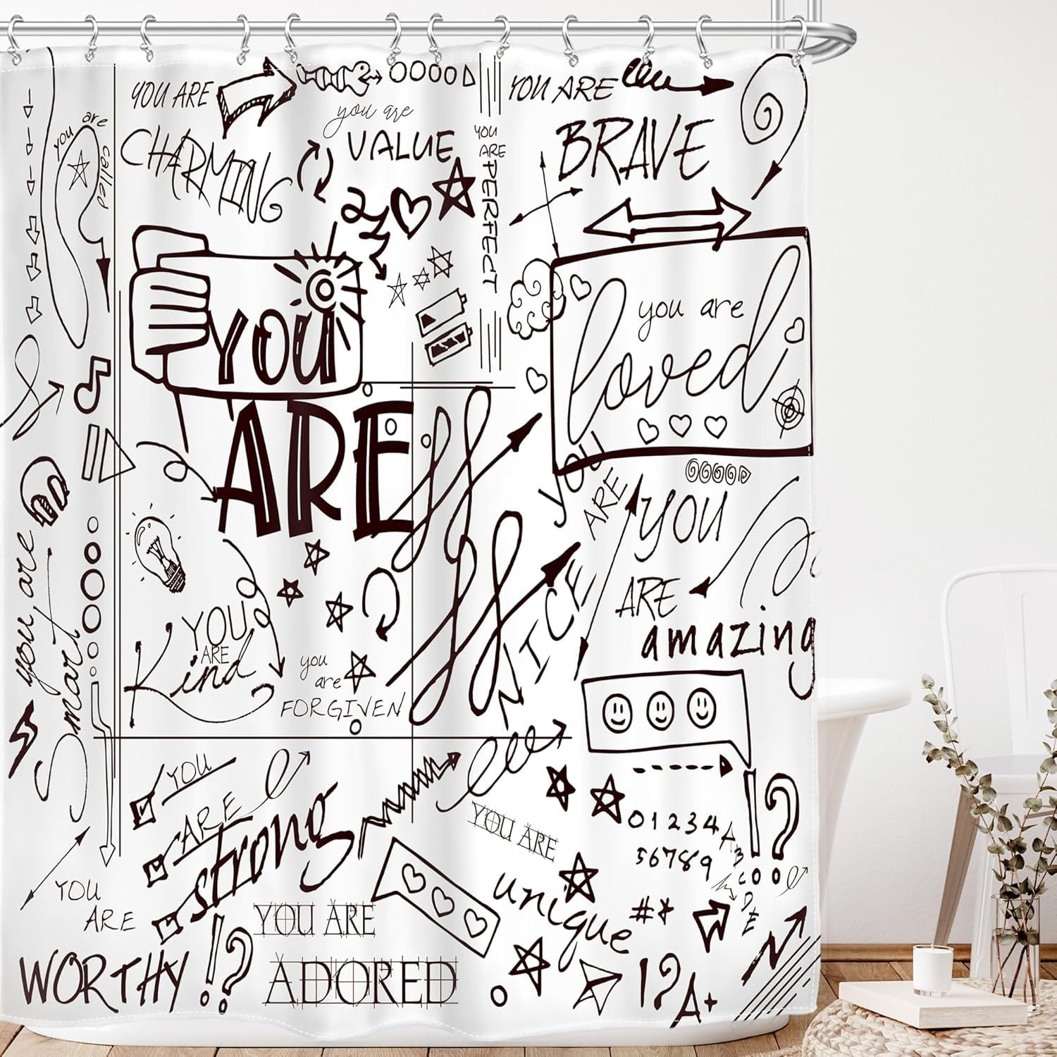 Teen Shower Curtain for Kids Funny Quotes 72Wx72L Inch Inspirational You are Graffiti Letter Positive Sayings Motivational Black White Artwork Cloth Fabric Bathroom Decor Set with 12 Pack Hooks