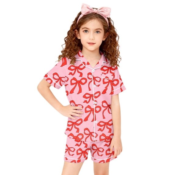 Silk Girls Pajamas Set Matching Valentines Day Pajamas Short Sleeve Bow Print Button Down Loungewear Girls Pajama Set 10-11 Years