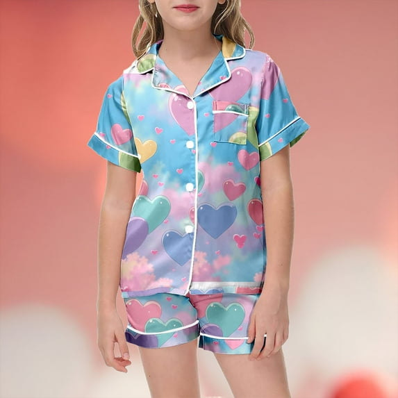 Teen Silk Pajama Set Heart Print Short Sleeve Button-Down Shirts Shorts Girl Summer Pajamas PJS for Girls Size 12-13 Years
