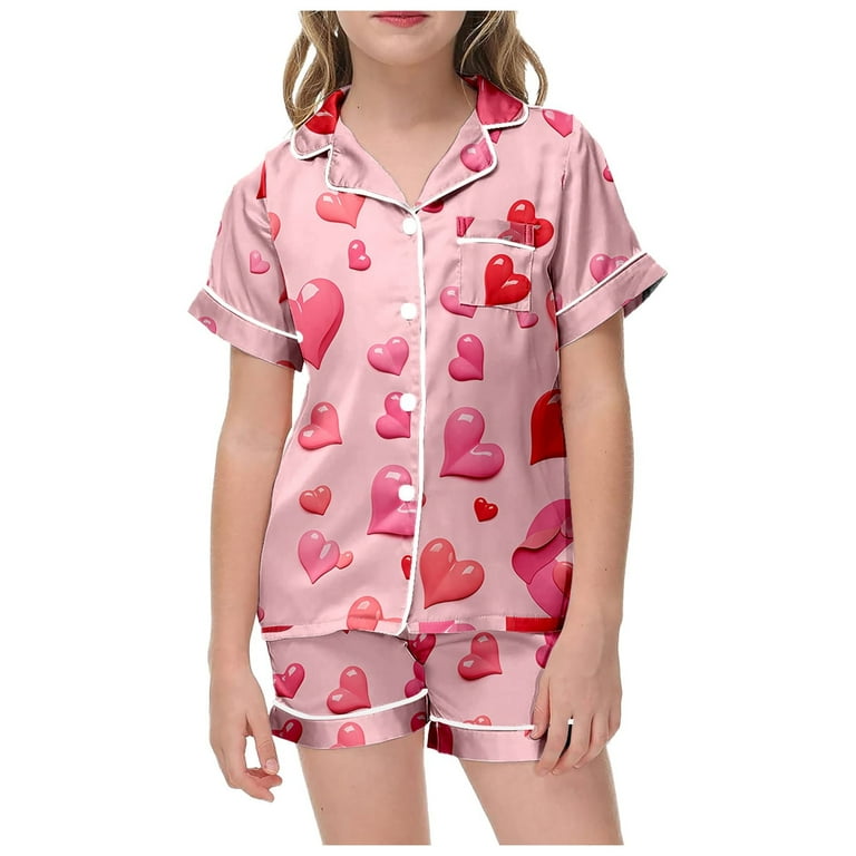 Teen Silk Pajama Set Heart Print Short Sleeve Button-Down