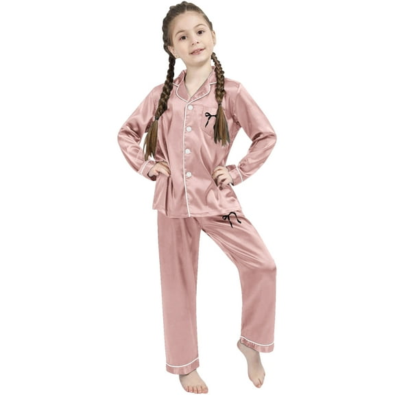 Teen Silk Pajama Set for Girls Boys 2 Piece Bowknot Girls Button Down Pajamas Set Kids Pajamas Nightgown Boys Pjs Size 13-14 Years