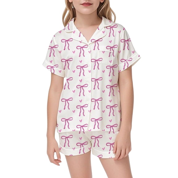 Teen Silk Pajamas Girls Valentine Pajamas Short Sleeve Bow Print Button Down Sleep Shirt Girls Silk Pajamas Size 11-12 Years