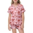 thumbnail image 1 of Teen Silk Pajamas for Kids Valentine Pjs Short Sleeve Bow Print Button Down Shirt Girls Pajama Set 10-11 Years, 1 of 4