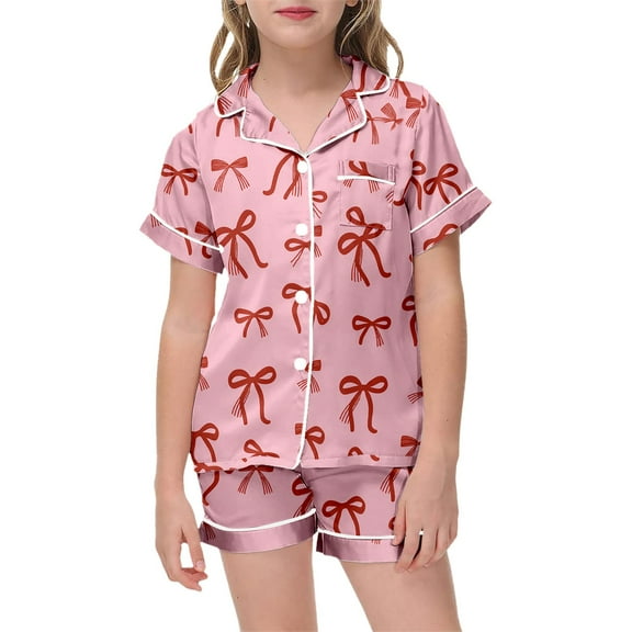 Teen Silk Pajamas for Kids Valentine Pjs Short Sleeve Bow Print Button Down Shirt Girls Pajama Set 10-11 Years