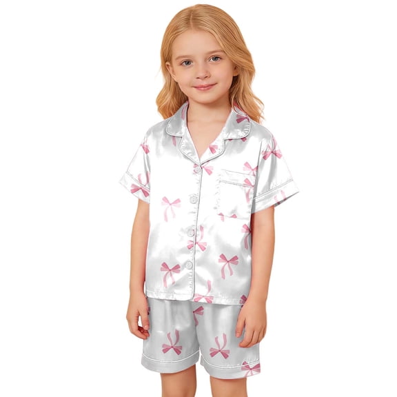 Teen Silk Pajamas for Kids Valentines Day Pajamas Short Sleeve Bow Button Down Nightwear 12-13 Years Boy Pajamas