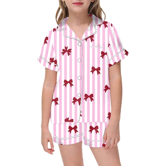 Teen Silk Pajamas for Kids Valentines Pajamas Short Sleeve Bow Print Button Down Sleep Shirt Boys Pajama Set 14-15 Years