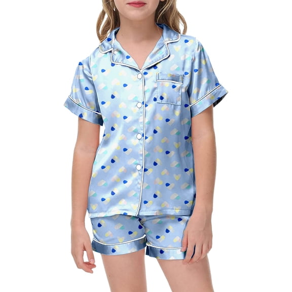 Teen Silk Pjs for Girls Valentine Pajamas Short Sleeve Heart Button Down Loungewear Pajama Set for Girls 10-11 Years